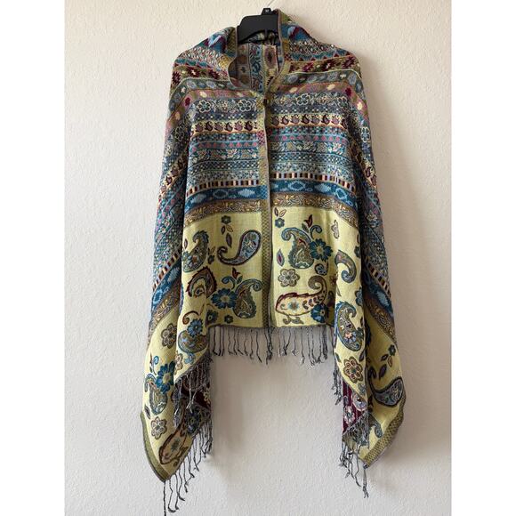 Red Gold Reversible Silk Blend Pashmina Scarf Shawl 67x27” Paisley Mixed Media - Picture 6 of 8